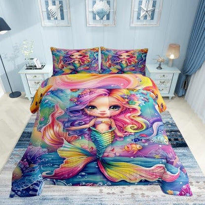 Castle Fairy Mermaid Comforter Sets Queen Size Cartoon Princess Rainbow Mermaid Bedding Set for Kids Girls Teens Bedroom Decor,Cute Ocean Animal Theme Duvet Quilt Watercolor Reversible Soft Comforter