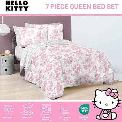 Jay Franco Comforter Set Includes Sheets and Pillow Covers - Soft and Cozy Bed Set for Stylish Room Decor, Official Licensed Bedding, Multi - Hello Kitty, 7 Piece Queen