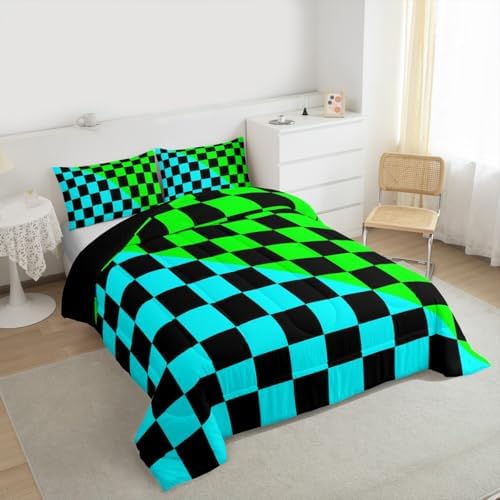 Feelyou Checkered Retro Comforter Set King Size Modern Geometric Cute Bedding Set for Kids Boys Girls Teal Green Duvet Quilt Vintage Simple Groovy Aesthetic Bedroom Decor 3 Pcs with 2 Pillow Cases