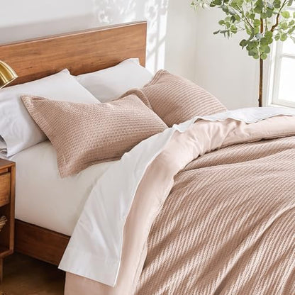 Levtex Home Cloud Waffle Full/Queen Comforter Set (90x94in) with 2 Pillow Shams (26x20in) - Solid Waffle Cotton Texture - Blush - 100% Cotton Full/Queen Size Comforter Set - Soft, Pre-Washed