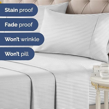 King 4 Piece Striped Sheet Set - Soft, Breathable & Cooling - Fine Lines