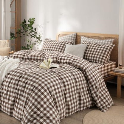 BESTOUCH Gingham Cotton Duvet Cover Set Cocoa Brown Oversized Full