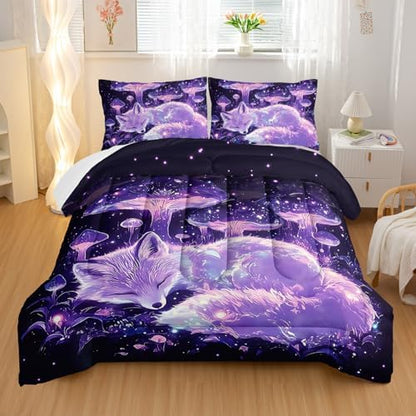 Nttopship Fox Comforter Bedding Set Queen Size,Cute Cartoon Forest Fox Printed Quilt Set for Kids Boys Girls, Cartoon Fantasy Mushrooms Comforter Set Wildlife Bedroom Decor