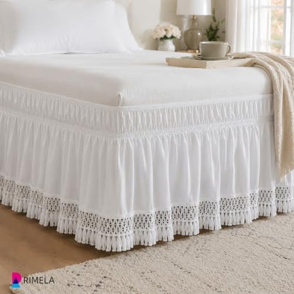 Tassel Trim Bed Skirt King 15" Drop, Elastic Wrap Around Bedskirt
