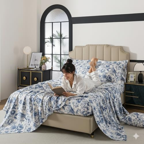 FADFAY Sunflower Bird Sheets Set Cal King 100% Egyptian Cotton Blue Toile de Jouy Bedding Vintage Blue and White Floral Farmhouse Bedding Shabby French Country Sheets Deep Pocket Soft Breathable 4Pcs