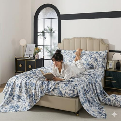 FADFAY Sunflower Bird Sheets Set Cal King 100% Egyptian Cotton Blue Toile de Jouy Bedding Vintage Blue and White Floral Farmhouse Bedding Shabby French Country Sheets Deep Pocket Soft Breathable 4Pcs
