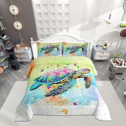 Castle Fairy Sea Turtle Comforter Set King Size,Watercolor Tortoise Butterfly Bedding Set for Girls Teens Bedroom Present,Girly Dreaming Style Soft Chic Quilted Duvet with 2 Pillowcases