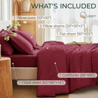 MUXHOMO 7 Pieces Queen Comforter Set, Seersucker Bed in a Bag Queen Size, All Season Luxury Bedding Set with Comforter, Flat Sheet, Fitted Sheet, Pillowcases & Shams, Burgundy