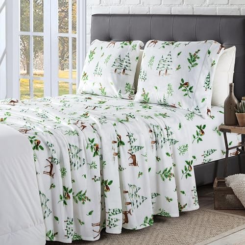 Elegant Comfort Luxuriously Soft 4-Piece Holiday Velvet Plush Flannel Sheet Set - Premium Quality - Cozy Warm, Christmas Fuzzy Velvet Flannel Fleece Deep Pocket Sheet Set - King, Enchanted Woods