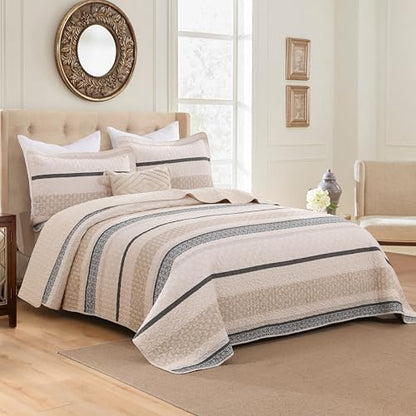 Homzard Quilts Queen Size, Cotton Comforter Set, Beige and Grey Queen Bed Set, Lightweight Striped Bedding, Farmhouse Reversible Bedspread All Season 3 Pieces