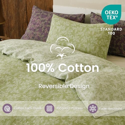 BISELINA 100% Cotton Muslin Duvet Cover Set Queen, 3 Pcs Yarn-Dyed Jacquard Textured Vintage Rose Pattern, Soft and Breathable Bedding Set with Zipper Closure, Light Green