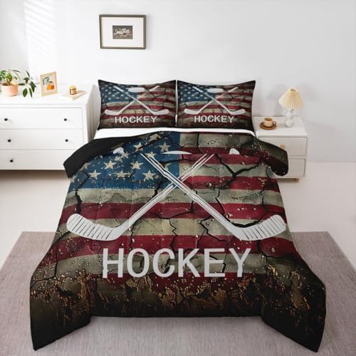 Erosebridal Ice Hockey Bedding Set Queen Size, American Flag Comforter Set for Kids Boys Teens, Hockey Sports Game Duvet Insert United States Federations Stars Stripes Retro Quilt with 2 Pillow Cases