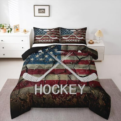 Erosebridal Ice Hockey Bedding Set Queen Size, American Flag Comforter Set for Kids Boys Teens, Hockey Sports Game Duvet Insert United States Federations Stars Stripes Retro Quilt with 2 Pillow Cases