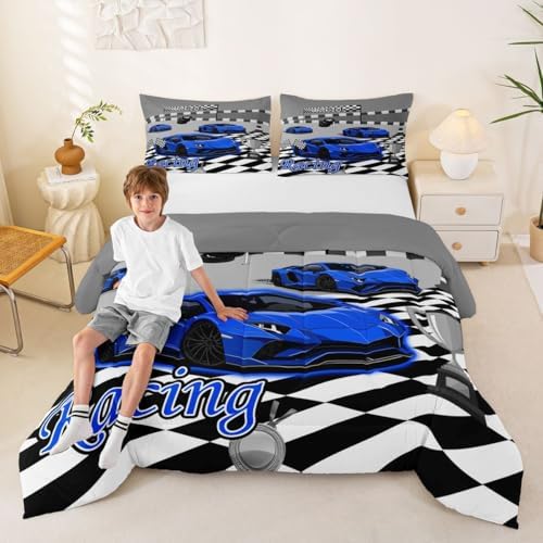 Feelyou Boys Race Car Comforter Set All Season Sports Racing Car Bedding Set with 2 Pillow Cases Extreme Sports Microfiber Kids King Bedclothes Bedroom Decor Duvet Quilt Breathable Soft Lightweight