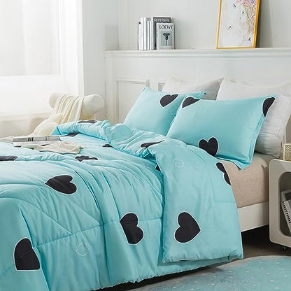 Caressma Blue Comforter Set Queen Size Black Heart 3pcs with Pillowsham