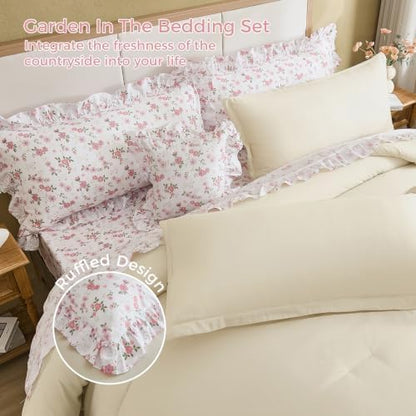 WONGS BEDDING 8PC Queen Comforter Set, Ruffle Comforter with Floral Sheets