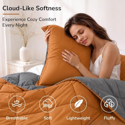 downluxe Twin Comforter Set Soft Reversible 2 Pieces, Burnt Orange/Grey