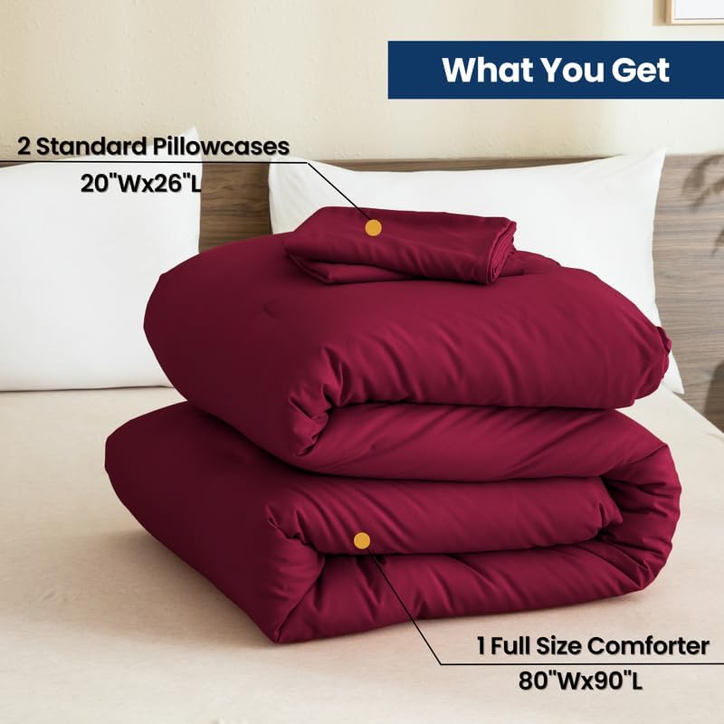 Paxrac Burgundy Full Comforter Set, 3 Pieces Lightweight Solid Bedding Set, Soft Fluffy Comforter, All Season Bed Set (80"x90" Comforter & 2 Pillowcases)