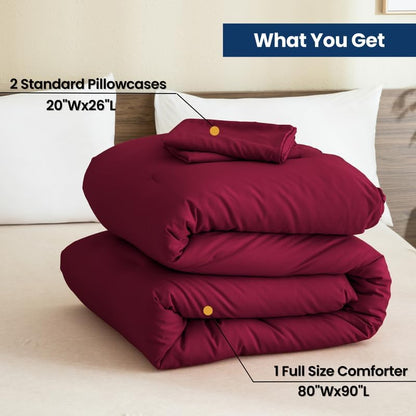 Paxrac Burgundy Full Comforter Set, 3 Pieces Lightweight Solid Bedding Set, Soft Fluffy Comforter, All Season Bed Set (80"x90" Comforter & 2 Pillowcases)