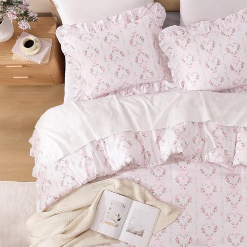 Andency Pink Bow Ruffle Comforter Queen, 3 Pieces Floral Bedding