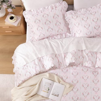 Andency Pink Bow Ruffle Comforter Queen, 3 Pieces Floral Bedding