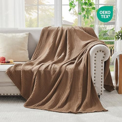 EMME Muslin Blankets for Adults Bedding Breathable Gauze Brown Super King