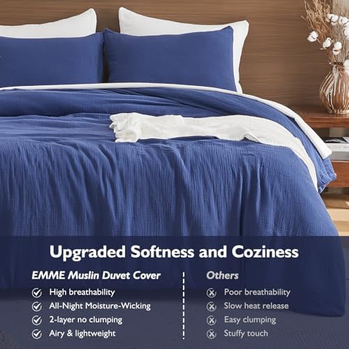 EMME Muslin Cotton Duvet Cover Set Linen Like Navy Twin