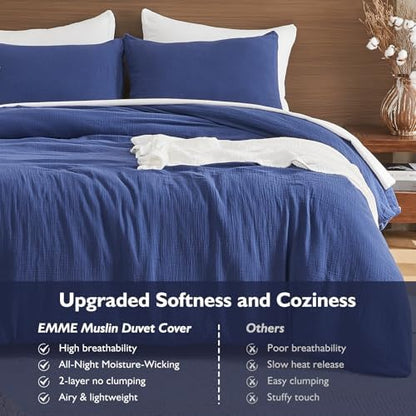 EMME Muslin Cotton Duvet Cover Set Linen Like Navy Twin