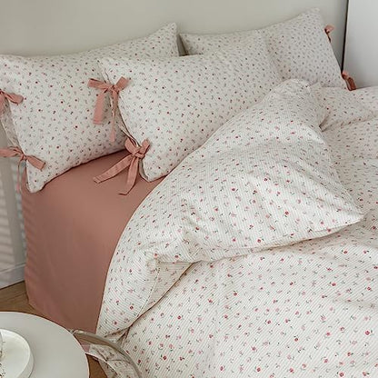 Girls Pink Floral Comforter Set Queen 3 Pieces Floral Cottagecore Bedding Comforter with 2 Bowknot Pillowcases Soft Fluffy Pink Stripes Bedding Set Aesthetic Cute Flowers Comforter Set for Girls Women