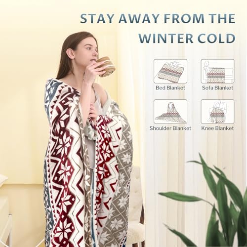 Reaks Heated Throw Blanket, 5 Heat Levels, 3 Hours Auto-Off, Red Beige