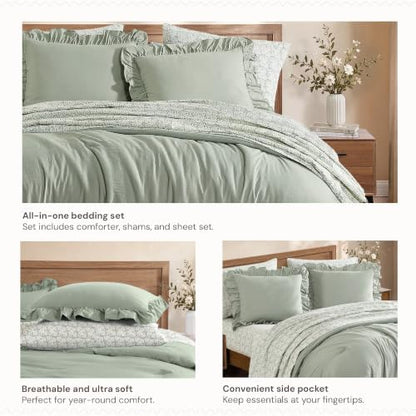 BLOOMHAVEN Queen Comforter Set-7 Pieces Ruffle Bedding with Floral Sheet