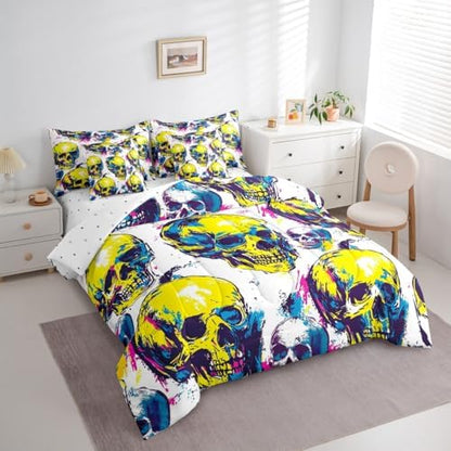 Erosebridal Sugar Skull 7 Piece Bedding Set Twin Gothic Neon Comforter Set with Sheets Happy Halloween Bed in a Bag Cartoon Skeleton Colorful Ombre Bed Sets Comforter