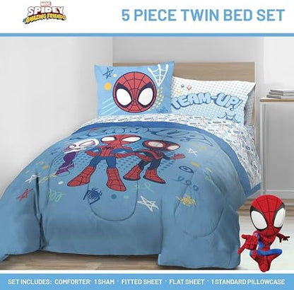 Marvel Spidey and Friends Twin Comforter Set 5 Piece Kids Bedding, Blue