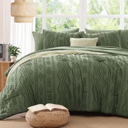 King Size Comforter Set Olive Green Tufted Boho Bedding Farmhouse 7 Pieces