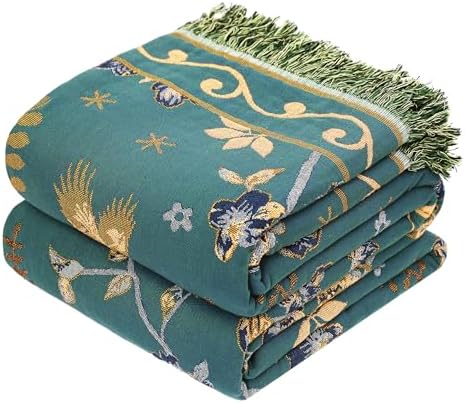 VANJOROY Boho 100% Organic Cotton Muslin Throw Blanket 50" x 60" - All Season Rustic Ultra Soft Breathable Floral Bird Blanket for Bed Sofa Couch Chair Bedspread Quilt Gift-Teal/Beige