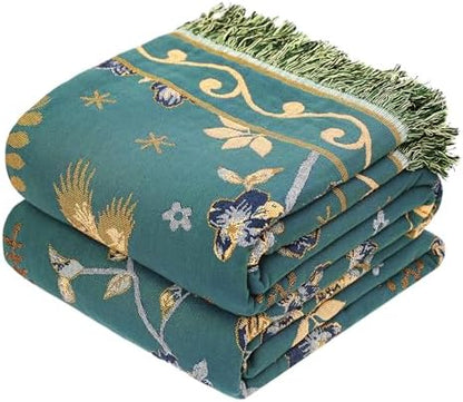 VANJOROY Boho 100% Organic Cotton Muslin Throw Blanket 50" x 60" - All Season Rustic Ultra Soft Breathable Floral Bird Blanket for Bed Sofa Couch Chair Bedspread Quilt Gift-Teal/Beige