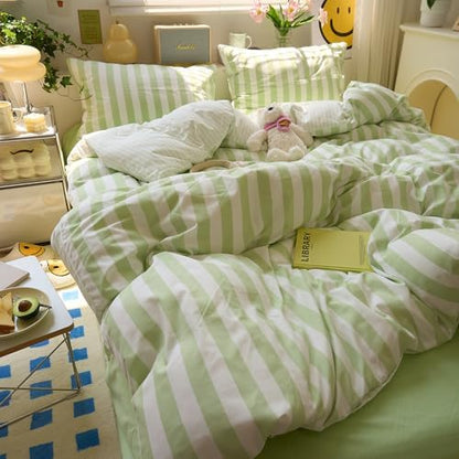 Green Striped Comforter Set King, 3 Piece Aesthetic Stripes Pattern Printed Comforter with 2 Pilliwcases, Soft Breathable Farmhouse Striped Bedding Comforter Lightweight King Size Comforter Set