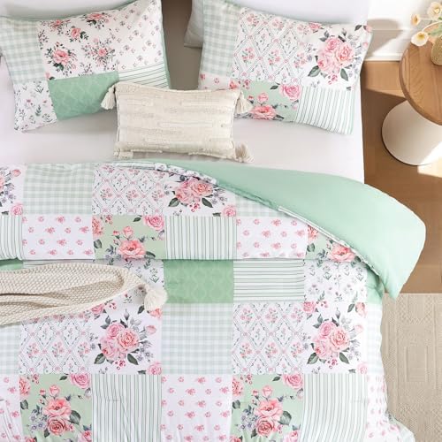 YIKUSH Green Floral Queen Comforter Set, Soft Lightweight All Season Bedding Set for Women Girls, Cozy Cottagecore Botanical Comforter Queen Size with 2 Pillow Shams, Breathable Floral Bed Set