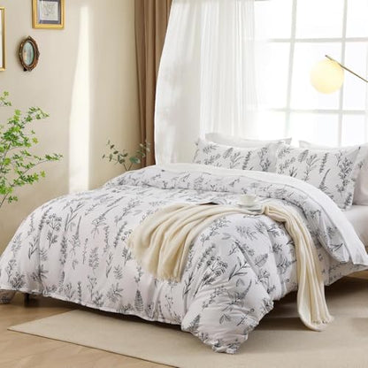 MUXHOMO White King Comforter Set, Elegant Floral Print Bed in a Bag 7 Pieces, Ultra Soft & Breathable Reversible Botanical Pattern Bedding Set with Comforter, Sheets, Pillowcases, and Shams