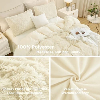 Andency Light Beige King Size Comforter Set, Fluffy Faux Fur Bedding Set
