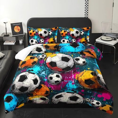 Soccer Comforter Twin Size,Sport Kids Comforter Set,3Pcs Bedding Set Printed Comforter with 2 Pillowcases,Down Alternative,Soft and Lightweight,for All Seasons