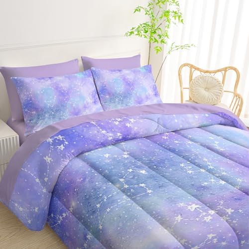 QOOMO Purple Galaxy 7 Pieces Comforter Set Twin,Purple Star Bedding Set