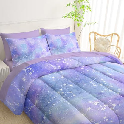 QOOMO Purple Galaxy 7 Pieces Comforter Set Twin,Purple Star Bedding Set