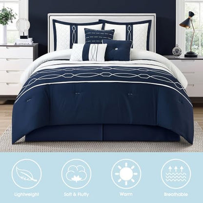 LANCO MODERN LIFESTYLE 7 Piece Comforter Set, Queen, White Navy Geometric Design, 100% Polyester, Luxury All Seasons Bed Set Includes Comforter, Bed Skirt, Pillow Shams, and Decorative Pillows