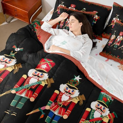 Erosebridal Christmas Soldier 7 Piece Bedding Set Twin Nutcracker Comforter Set with Sheets Cute Xmas Festival Bed in a Bag Black Red Florals Bed Sets Comforter