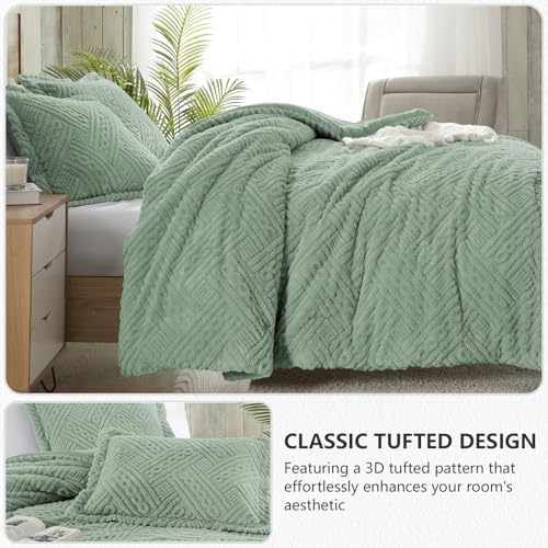 Homelike Moment Fluffy King Size Comforter Set - Sage Green Warm Comforter for Winter King Bed Set 3 Piece
