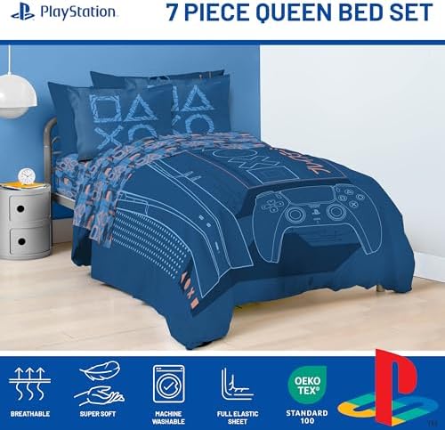 Jay Franco Kids Bed Set, Blue, PlayStation, 7 Piece Queen