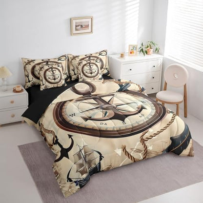 Erosebridal 7Pcs Nautical Anchor Comforter Set King Size,Vintage Compass Bedding Set for Kids Boys Girls,Sailboat Ocean Ship Bed in A Bag,Retro Brown Sheet Set with Comforter