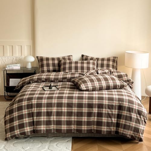 Mucalis Brown Buffalo Plaid Duvet Cover Queen Size 100% Washed Cotton Green Red Plaid Duvet Cover Vintage Checkered Duvet Cover Set Retro 3 Piece Grid Bedding Set with Zipper Closure 4 Corner Ties
