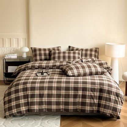Mucalis Brown Buffalo Plaid Duvet Cover Queen Size 100% Washed Cotton Green Red Plaid Duvet Cover Vintage Checkered Duvet Cover Set Retro 3 Piece Grid Bedding Set with Zipper Closure 4 Corner Ties
